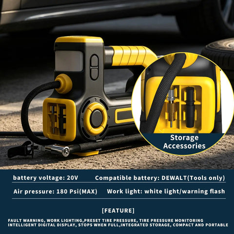 Heavy Duty Portable Tire Inflator Air Compressor Compatible With DeWalt 20V Battery. Delivers Quick And Powerful 180 Psi Inflation For Cars, Trucks, Motorcycles. Works With Existing Dewalt Tools. Bare Tool Only, No Battery Included. Super Fast Setup.