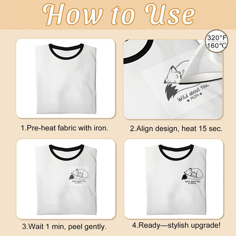 36 Sheet Iron On Transfer Decals Set for DIY Tees and Hoodies "Mom Life" design application steps on a T-shirt