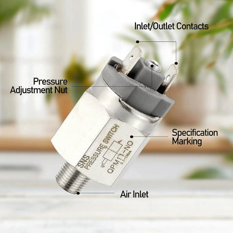 Air Compressor Pressure Switch With Adjustable Settings Stainless Steel Body One Eighth Inch PT Thread Normally Open Compact