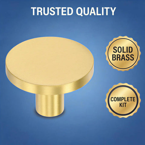 Top Shelf Handymen Approved Solid Brass Cabinet Knobs And Brushed Round Drawer Pulls In A 15 Pack With M4 Hardware close-up view.