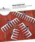 Four 11-prong steel rakes on brick surface showcasing the 11-Prong Steel Grass Plowing Rake Heavy Duty Garden Tool For Soil Tilling And Hay Raking Sturdy Multi-Functional Farm Implement For Outdoor Yard Work And Fertilizer Mixing focus keyword.