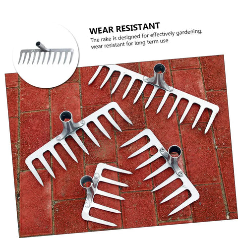Four 11-prong steel rakes on brick surface showcasing the 11-Prong Steel Grass Plowing Rake Heavy Duty Garden Tool For Soil Tilling And Hay Raking Sturdy Multi-Functional Farm Implement For Outdoor Yard Work And Fertilizer Mixing focus keyword.