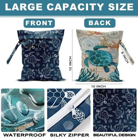 Two Pack Turtle Wet Bag 12x10 Inch Waterproof Reusable Wet Dry Bags For Swimwear Beach Trips Diapers Dirty Gym Clothes Travel Laundry Organizer With Handle Sea Turtle Gift For Women Friends, showing front and back designs with turtle print and zipper details.