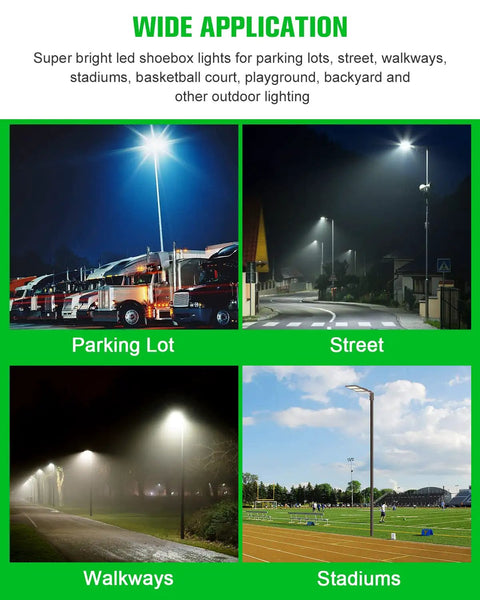 240W LED Parking Lot Light With Photocell, 33,600 Lumens, 5000K illuminating parking lots, streets, walkways, and stadiums