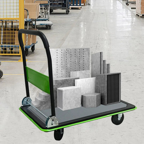 Beefy Heavy Duty Flatbed Cart 660 Lb Platform Hand Truck Foldable Push Cart With 360 Degree Rotating Polyurethane Wheels Spring Assisted Quick Fold Green Ergonomic Armrest Cargo Retention Plate For Easy Loading And Storage in warehouse