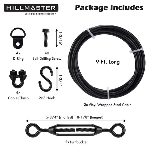 Package includes components of Anti Sag Gate Kit For Wooden Fences With Steel Cable Wire Rope 7x7 Braided Stainless Outdoor Gate Support Kit Black 2 Pack Heavy Duty Fence Repair Easy Install, including steel cable, D-rings, turnbuckles, and screws.