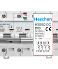 Front view of DC 4 Pole Photovoltaic Miniature Circuit Breaker 80A 1000V DC Type D, 8kA Breaking Capacity, 35mm DIN Rail Mount.