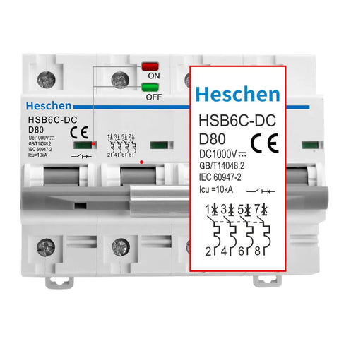 Front view of DC 4 Pole Photovoltaic Miniature Circuit Breaker 80A 1000V DC Type D, 8kA Breaking Capacity, 35mm DIN Rail Mount.