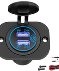 Dual USB 12V Marine Outlet With Switch, Waterproof Car Charger Mount with blue LED and screws, fast charge adapter