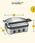 Top Notch Cuisinart 5 In 1 Griddler Indoor Grill Panini Press with stainless steel finish and dimensions shown.