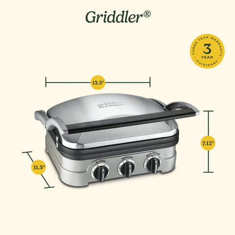 Top Notch Cuisinart 5 In 1 Griddler Indoor Grill Panini Press with stainless steel finish and dimensions shown.