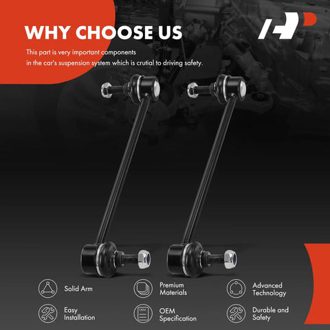 2 Front Sway Bar Links Stabilizer Kit Fits Dodge Avenger Caliber Sebring Mazda MPV Protege Protege5 Lancer Eclipse Cross Outlander PHEV Sport And More, shown with steel rods and rubber boots, emphasizing ease of installation.