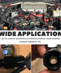 Close-up of NYTKL 6AN male flare to 6AN female swivel fuel line adapter, aluminum, with 1/8 NPT gauge port