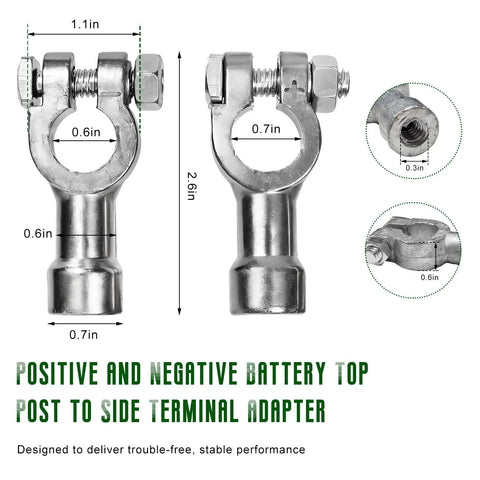 Heavy Duty Car Battery Terminal Connectors Swap Top Post To Side Post In Minutes With Positive And Negative Lead Cables, metallic adapters showing sizes.