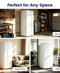 Slick 6.5 Cubic Foot Upright Freezer In Clean White in garage, apartment, and office settings, showcasing versatile storage.