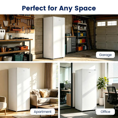 Slick 6.5 Cubic Foot Upright Freezer In Clean White in garage, apartment, and office settings, showcasing versatile storage.