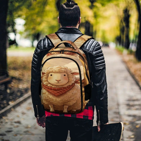 Plaid Bandana Farm Sheep Print Unisex Backpack With Large Capacity worn outdoors, showing sheep design with padded straps.