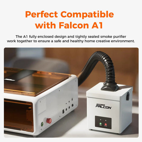 Heavy Duty Smoke Purifier For Falcon A1 Laser Engraver with hose attachment shown in cozy workspace.