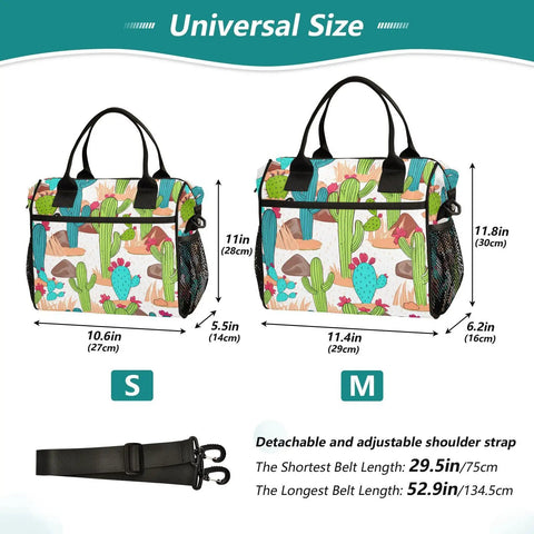 Cactus Desert White Insulated Lunch Bag For Women And Men, Reusable Cooler Lunch Box, sizes small and medium with strap, 11.4 x 6.2 x 11.8 inches