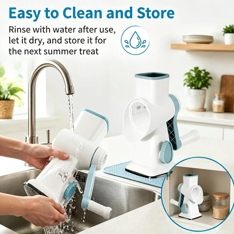 Manual Ice Shaver With 16 Stainless Steel Blades being rinsed under tap, emphasizing easy cleaning feature in a kitchen setting.