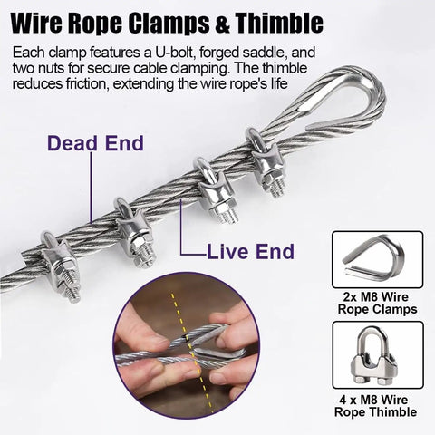 Heavy Duty 25 Ft 5 By 16 Inch Stainless Wire Rope Kit With 8Mm Cable, showing M8 clamps and thimbles for outdoor projects
