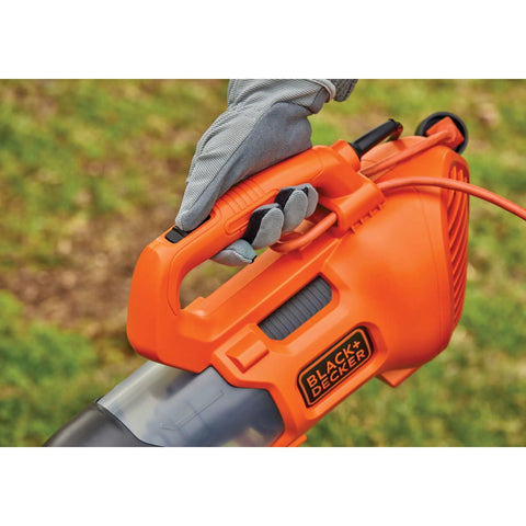 Close-up of a Corded Handheld Leaf Blower With 450 CFM And 140 MPH Power, Lightweight Axial Design, highlighting two-speed control handle.