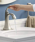 Ridgeport Single Control Lav Faucet With Brushed Nickel Finish in use, showing easy install and sleek contemporary style.