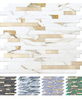 Peel And Stick Backsplash Tiles Marble Calacatta With Metal Gold Finish, 10 Self Adhesive PVC Sheets Cover About Eight Point Four Square Feet, Fast Install For Kitchen Bathroom Laundry Room Fireplace And RV, Realistic Texture And DIY Ready; showing detailed tiles design.