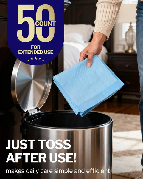 Top Shelf Heavy Duty Disposable Bed Pads 36 By 30 Inch Six Layer Ultra Thick Underpads being discarded in a trash can.