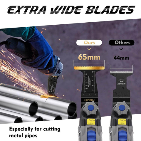 Six Piece Carbide And Titanium Multitool Blades Kit, Heavy Duty Oscillating Tool Blades cutting metal pipes, 65mm vs 44mm comparison