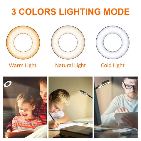 Three color modes of Clip On Reading Light With 48 LED USB Desk Lamp for eye protection during reading and study.