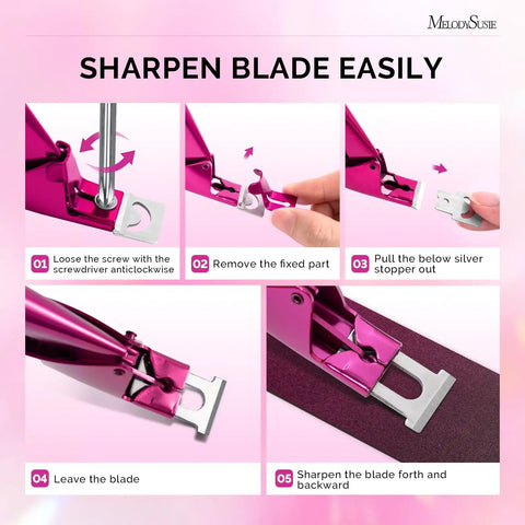Steps to sharpen Acrylic Nail Clippers With 15 Magnetic Sizers For Long Gel Nails, using screwdriver and abrasive surface.