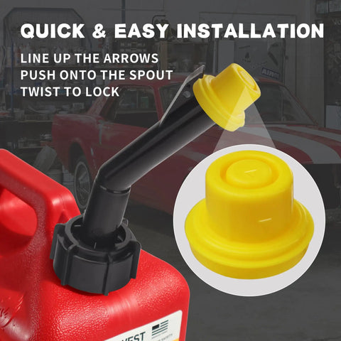 Blitz Yellow Gas Can Spout Cap Top Hat Style Universal Fit Self Venting Replacement Cap 10 Pack for Spouts installed on red can