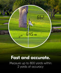 View through lightweight golf rangefinder with 6x20 optics, 800-yard range on golf course, displaying distance to flag.