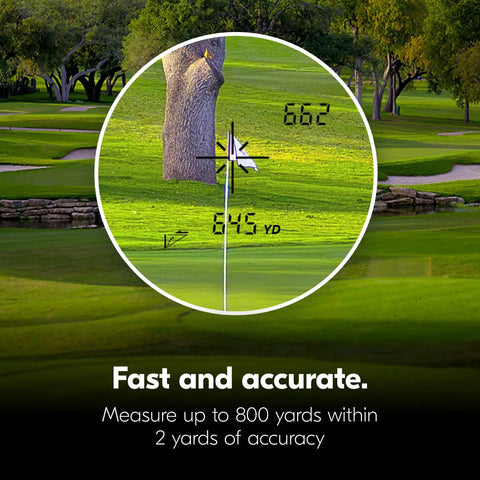 View through lightweight golf rangefinder with 6x20 optics, 800-yard range on golf course, displaying distance to flag.