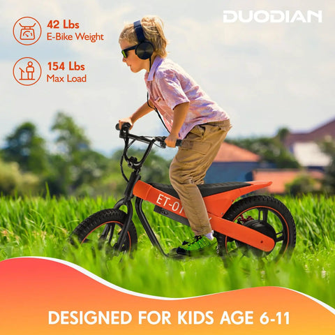 Kids Electric Bike With 350W Motor 36V 7.8Ah Battery Zippy Up To 15.5 MPH, 15 Mile Range, 16 Inch Pneumatic Tires, Off Road Balance Bike For Ages 6 And Up, Youth All Terrain Electric Bicycle, child riding side view