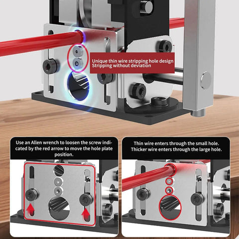 Close-up of the Powerful Drill Powered Electric Wire Stripping Machine For Copper Scrap Recyclers showing wire entry holes for different cable sizes.