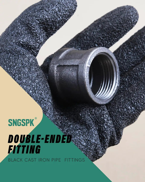 Heavy Duty 3/4 Inch Female Thread Cast Iron Pipe Coupling Fittings 4 Pack For Plumbing Furniture Build Shelving And Industrial Style Decor Durable And Easy To Install held in gloved hand.
