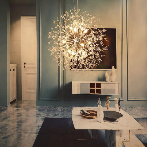 Living room with 12 Lights Modern Firework Crystal Chandelier With Lit Dandelion Design Chrome Finish Stainless Steel Pendant Light
