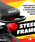 Rear view of Dope Electric Minibike For Teens And Adults With 350W Motor 36V Battery 16 Inch Tires Up To Fifteen And A Half MPH 220 Lb Max Weight Rechargeable Black Rambler 16 Ride For Ages 18 And Up, showcasing a cushioned MX-style bench on a steel frame with close-up of rear tire and light.