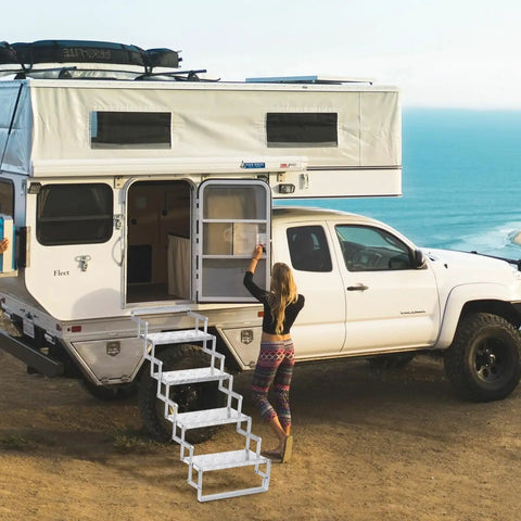 Aluminum RV Step Ladder With 4 Steps, 18-Inch Wide Outdoor Camper Stairs, Anti-Slip Surface, Portable Travel Trailer Stair Access, Durable Silver Finish, Lightweight And Built Tough For Real Outdoor Use, Corrosion-Resistant Build For Easy Storage on RV