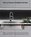 Diagram of a stainless steel kitchen sink with instructions for measuring grid size, focusing on stainless steel kitchen sink grid and protectors.