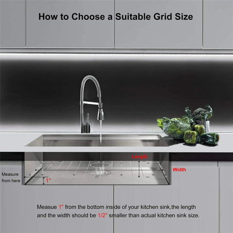 Diagram of a stainless steel kitchen sink with instructions for measuring grid size, focusing on stainless steel kitchen sink grid and protectors.