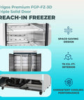 Top Shelf 78 Inch Triple Door Reach In Freezer 72 Cubic Feet Stainless Steel Commercial Kitchen Cold Storage Workhorse with interior shelving.