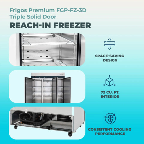 Top Shelf 78 Inch Triple Door Reach In Freezer 72 Cubic Feet Stainless Steel Commercial Kitchen Cold Storage Workhorse with interior shelving.