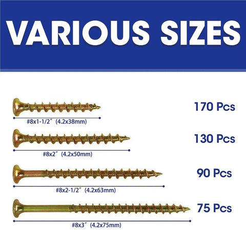 Two Pack Size 8 Wood Screws Set With Phillips Drive Bugle Head Yellow Zinc Carbon Steel For DIY Woodworking Projects, Quick Strong Joints, Great For Furniture Repair, Decks, And Hobby Builds. Various sizes #8 wood screws with lengths 1-1/2 to 3 in