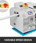Mini metal lathe, 8.7x23.6 in, white body with blue base, LED speed display, yellow control knob