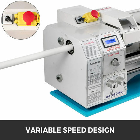Mini metal lathe, 8.7x23.6 in, white body with blue base, LED speed display, yellow control knob