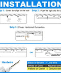 Installation diagram for 25 Pack 5 Foot LED Shop Lights With V Shape Design, showing steps for mounting and wiring options.