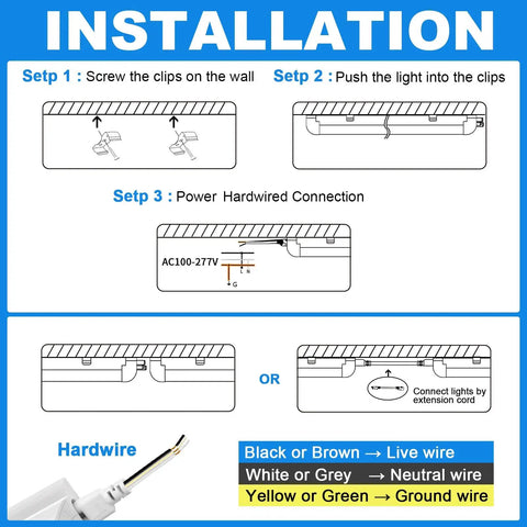 Installation diagram for 25 Pack 5 Foot LED Shop Lights With V Shape Design, showing steps for mounting and wiring options.